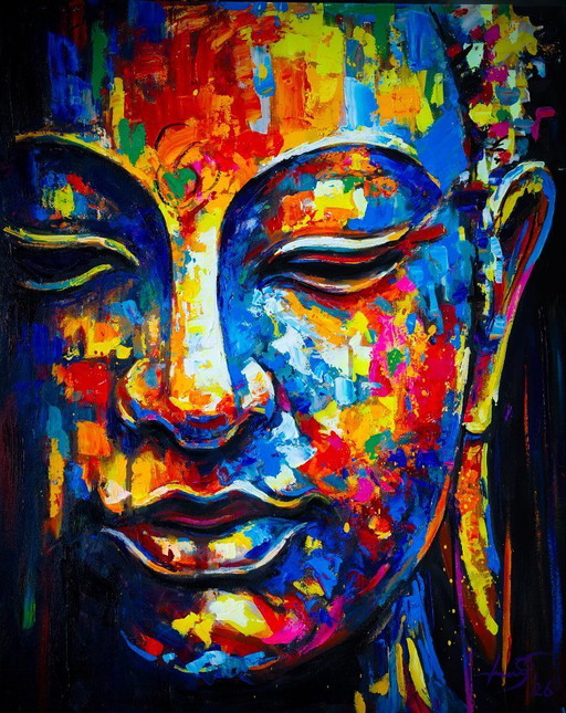 Unique hand-painted Buddha painting "Colorful Calm" – Seksak Jaichumchen – 80 × 100 cm