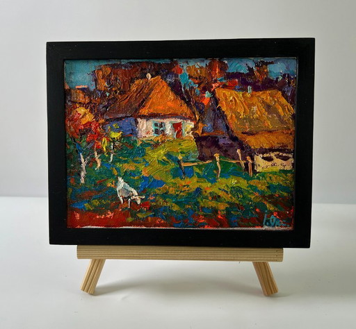 Original Oil Painting Rural Houses Landscape The Sun Over The Village – schilderijen tekeningen, Canvas