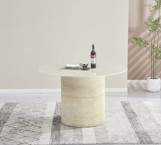 BAIETAA Round Dining Table 120cm – Glossy Travertine Ceramic Top & Matching Base – Natural Elegance