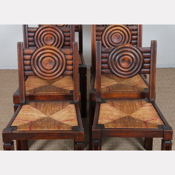 Image 1 of Juego de 6 sillas de madera maciza con asiento de paja, fabricación francesa, 1940.