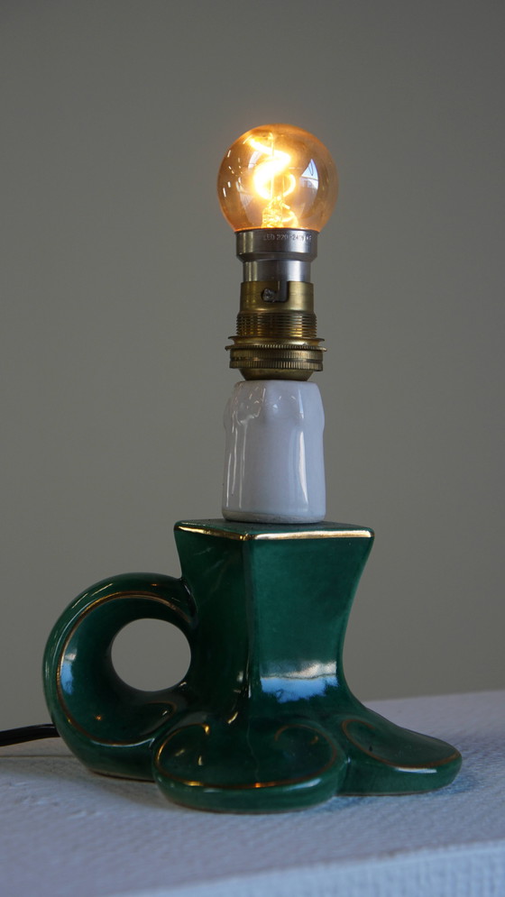 Image 1 of Vintage Groen Keramieken Frans Lampje Met Gouden Accenten
