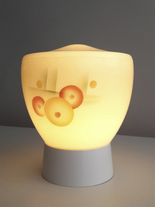Bijzondere art deco plafondlamp met grafische print, mcm lamp glazen bol, medium variant