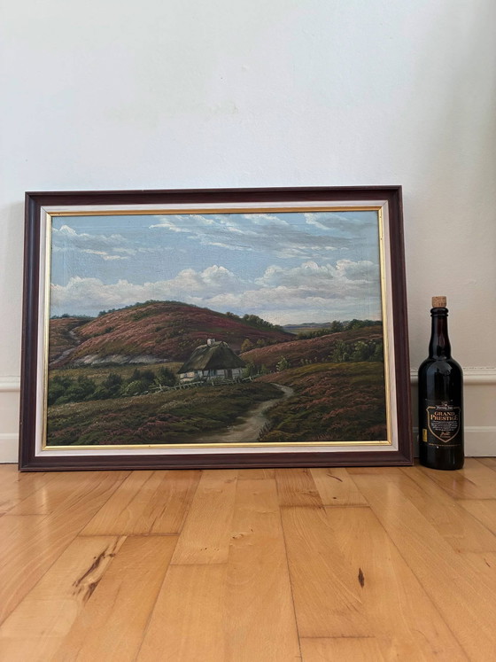 Image 1 of Peinture à l'huile originale ancienne représentant un paysage de campagne, signée.