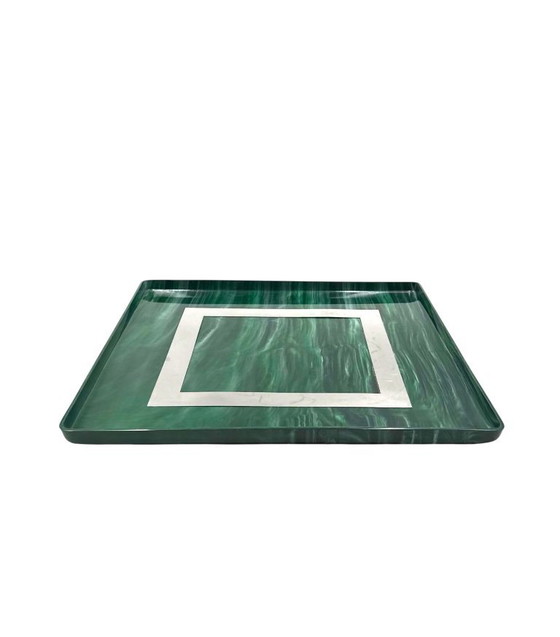 Image 1 of Hollywood Regency dienblad van hars en messing met malachieteffect, Italië, jaren 70.