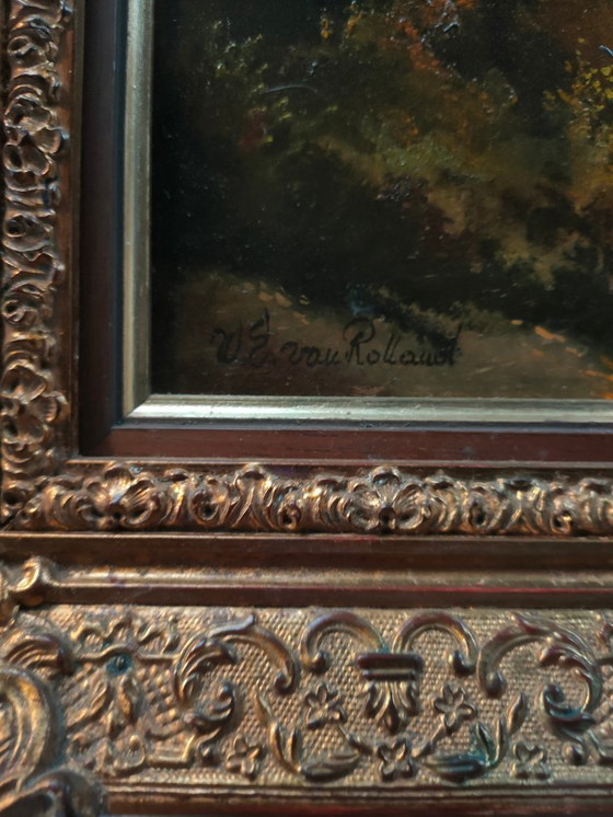 Image 1 of Pascolo alpino sullo sfondo di montagne, dipinto a olio di W. E. Van Rolland