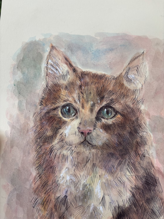 Watercolor Mixed Media Cat Drawing – Paintings & Drawings, Paper (photo 2 of 7)