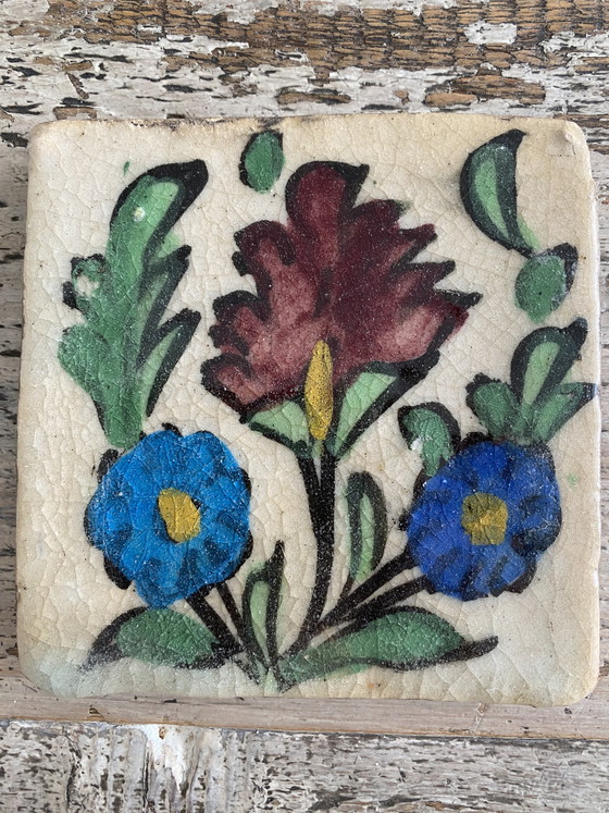 Image 1 of Persian Tiles Qajar Dynasty Floral Motif 10 Pieces