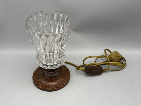 Image 1 of Mid-Century Table Lamp with Cut Glass Shade and Wooden Base – Vintage Design Lighting