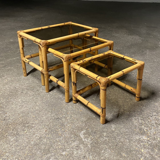 Image 1 of Bamboo and Smoked Glass Nesting Tables