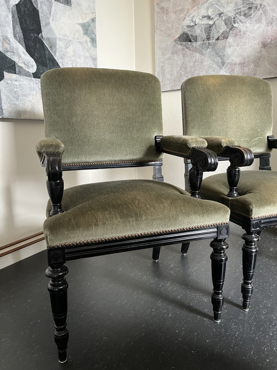 French Armchairs, Black Lacquered Wood, Olive Green Velvet (photo 2 of 15)