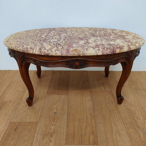 Vintage Oval Wooden coffee table with onyx marble top