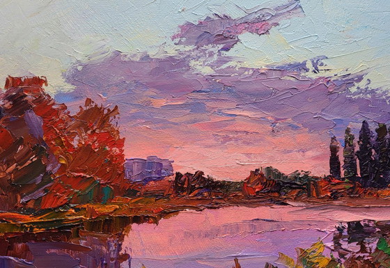 Original Oil Painting Evening City Landscape Sunset Over the River – Paintings & Drawings, Canvas (photo 4 of 7)
