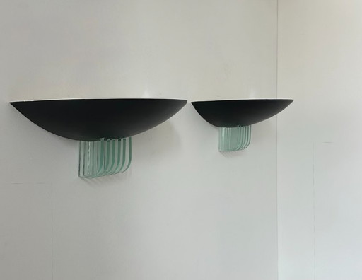 Pair of post-modernist sconces in black metal and glass, France 1980