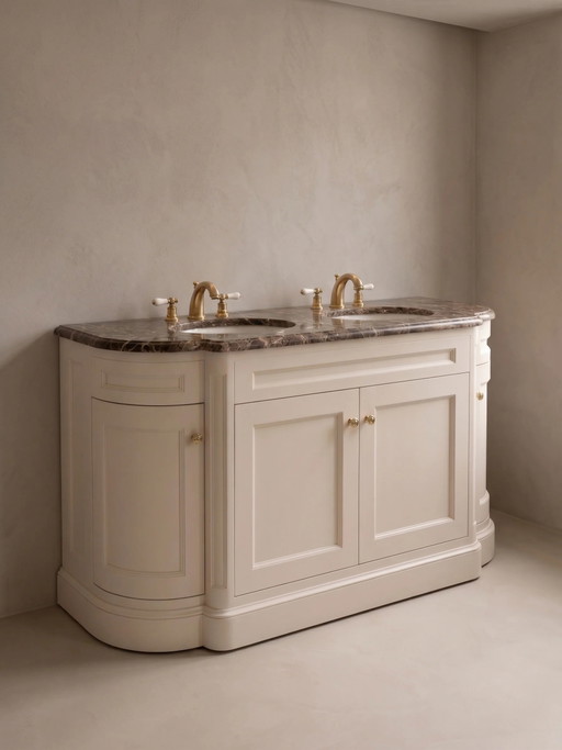 Meuble-lavabo double classique en marbre et quincaillerie dorée