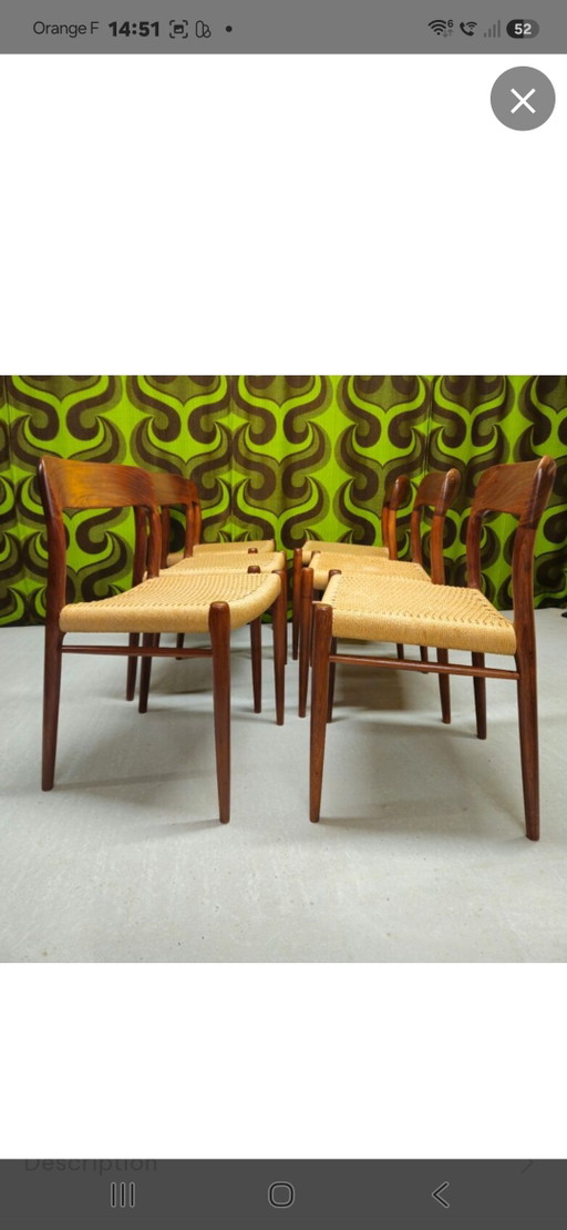 Lote de 6 sillas modelo 75 de Niels O. Møller, 1960.