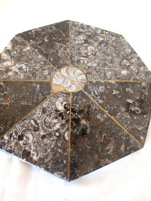 Stone trivet with fossilized ammonite