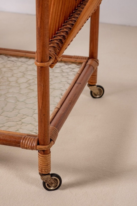 Image 1 of Barwagen van bamboe en rotan, Denemarken uit de jaren 1950