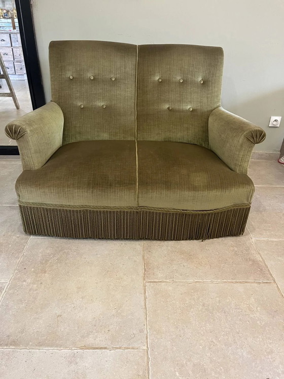 vintage double toad sofa in olive green fabric and trimmings – 2 seaters, Velvet, Art Deco (photo 15 of 15)