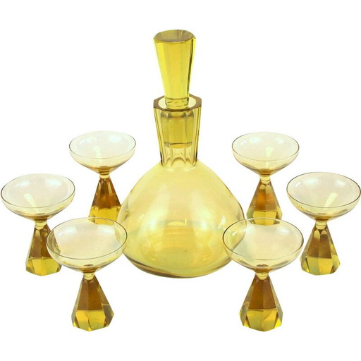 Karaf en 6 vintage art deco glazen van Val Saint Lambert, 1930