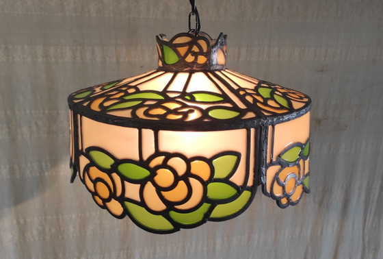 Image 1 of Hanglamp van glas en lood in Tiffany-stijl - midden 20e eeuw