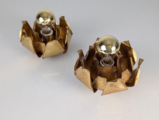 Image 1 of Paire d'appliques murales florales en métal doré, Hans Kögl, années 1970