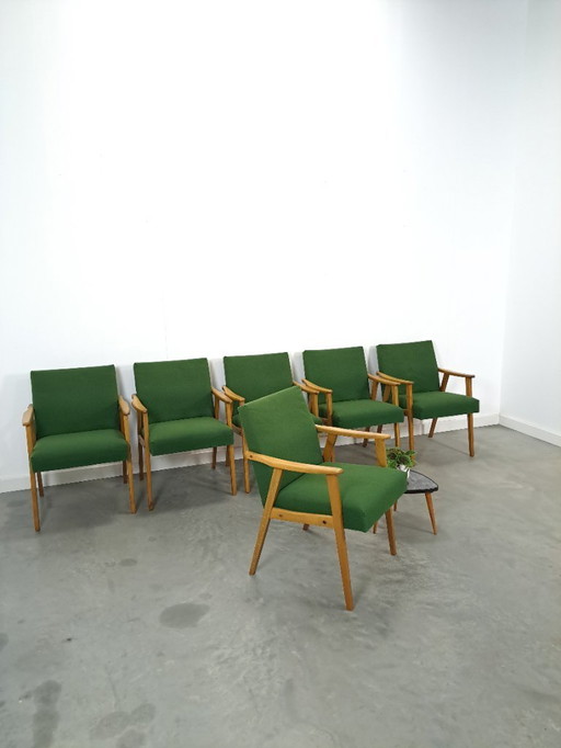 Set of 6 groene eetkamerstoelen met beukenhout
