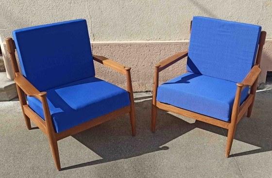 Image 1 of Pair of Scandinavian armchairs with blue cushions, 1960s