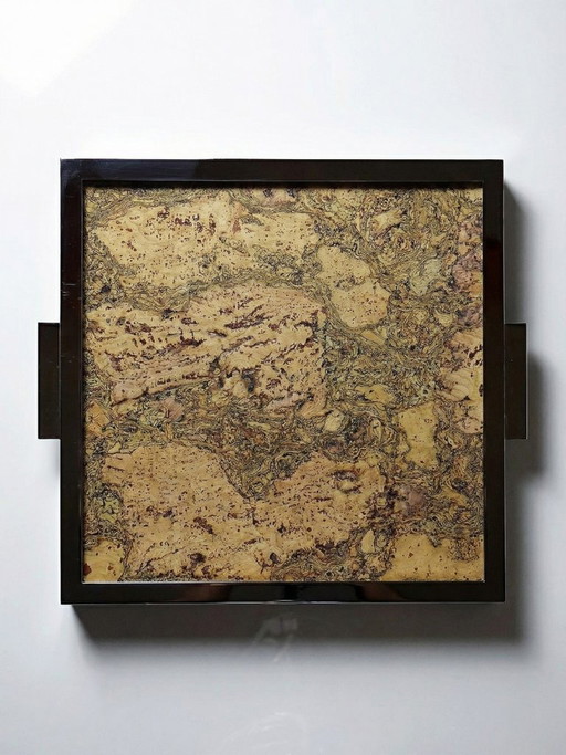Plateau mid-century chic Chrome, Liège et plaque de verre années 70