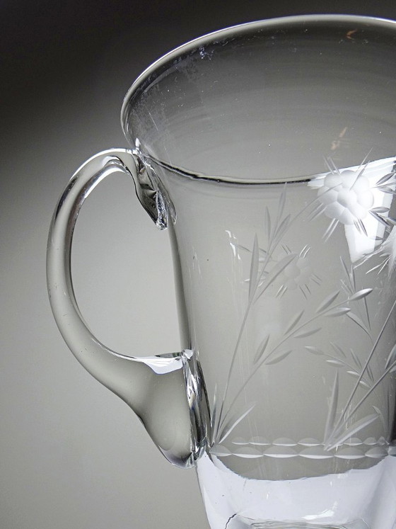 Image 1 of Antique wheel-engraved glass pitcher with vegetal decoration, Bohemia, early 20th century