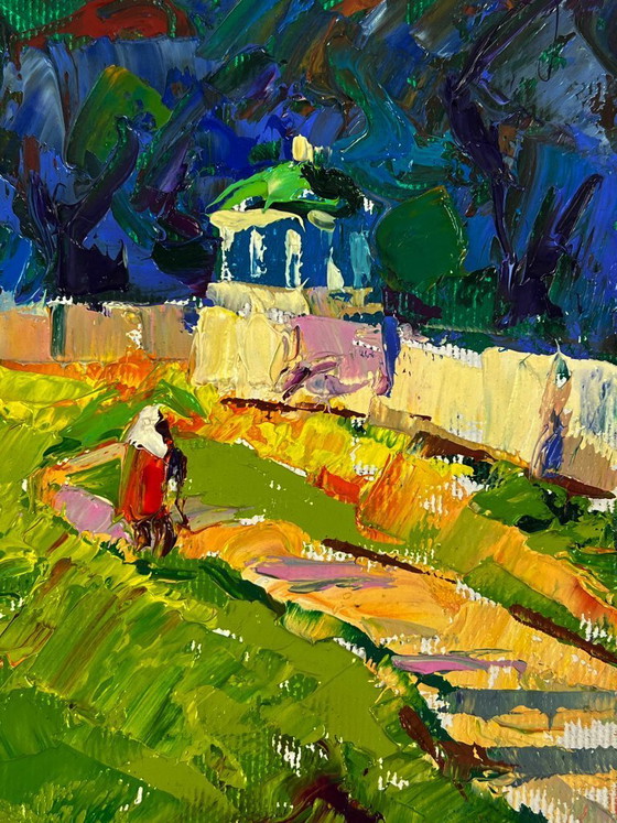 Image 1 of Peinture à l'huile originale, paysage rural, prairie, village, parc en forêt