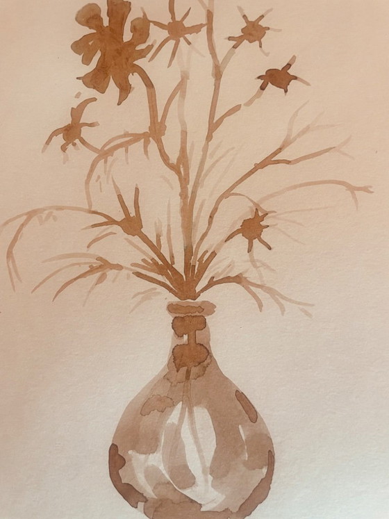 Image 1 of Signed painting, still life "dried flowers", monochrome watercolor