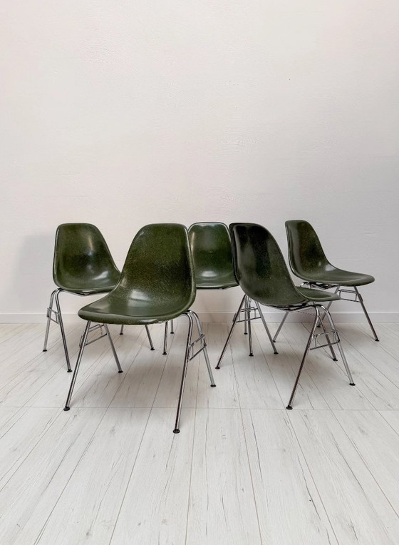 Image 1 of 1/25 Sedia laterale vintage Herman Miller Eames in fibra di vetro, verde oliva, Charles & Ray Eames, anni '70