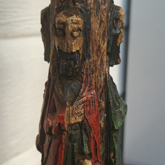 Hand-carved wooden candlestick with saint figures – 24 cm – Sculpture (photo 7 of 13)