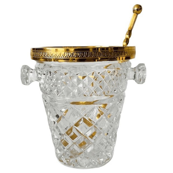 Image 1 of Seau à glace français vintage années 1950, avec pelle à glace, en cristal doré.