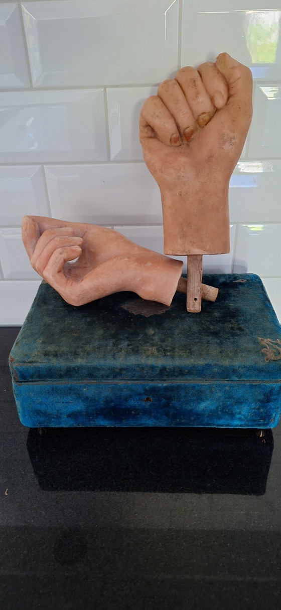 Image 1 of Antieke set van wassen handen met oud fluwelen doosje