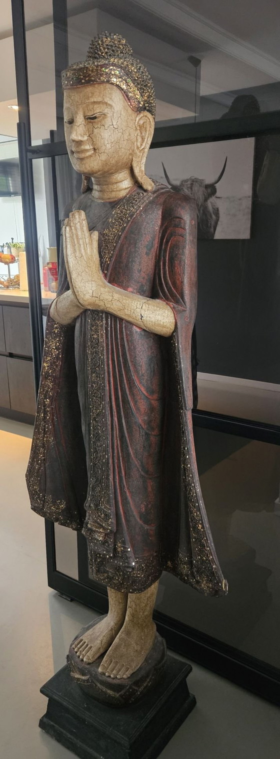 Monumental Old Burmese Mandalay Buddha Teak Wood 177 cm, Decorative Objects, Multi Color (photo 6 of 14)