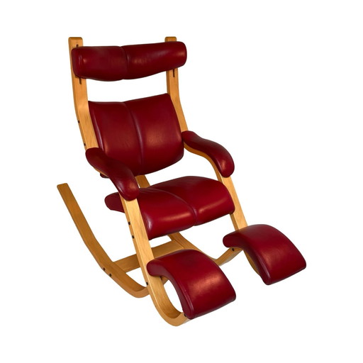 Peter Opsvik - Stokke - Gravity Balance (Design from 1991) Ergonomically Shaped Rocking Chair - Red Leather and Natural Frame