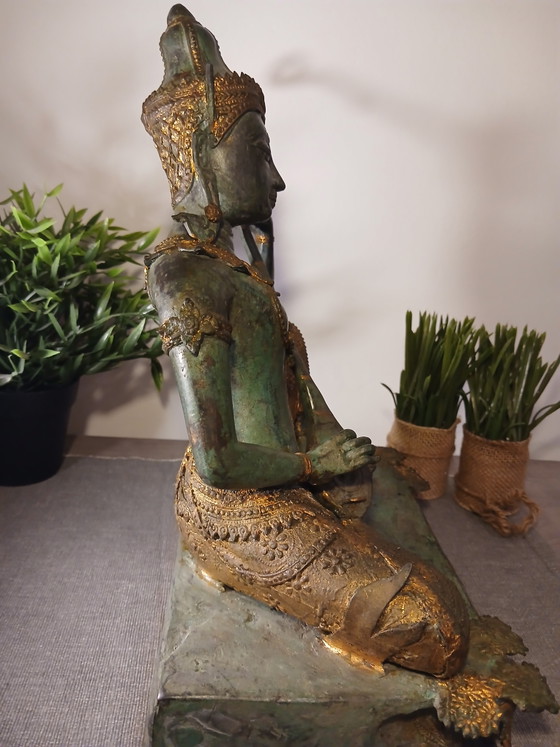 Grande statue ancienne en bronzeet feuille d'or Thaïlande et poinçon début 20e sur socle forêt mythique (photo 4 of 15)