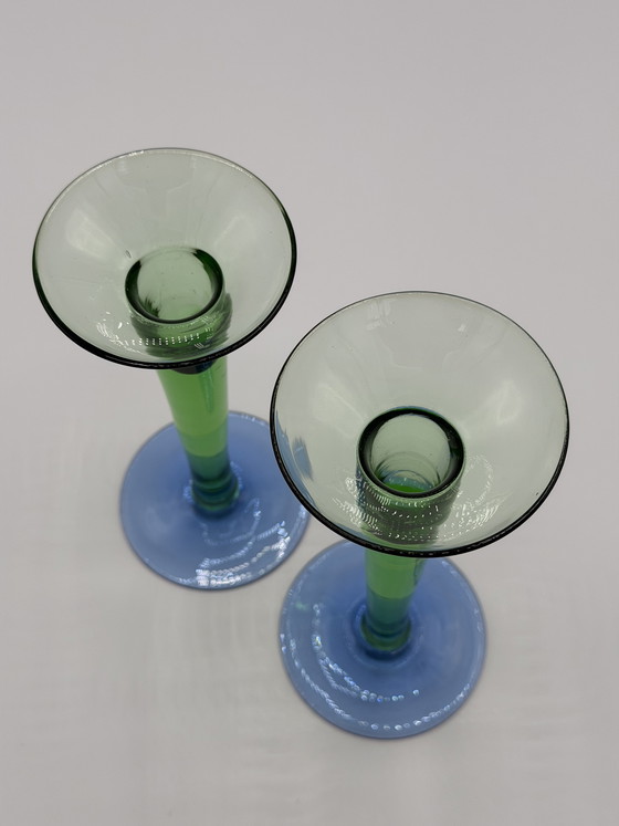 Image 1 of Holmegaard vintage set of designer glass candlesticks – green/blue