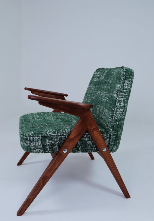 Scandinavian Green Lounge Chair Vintage Design Boho Upholstery Melange Fabric, 1960, Poland