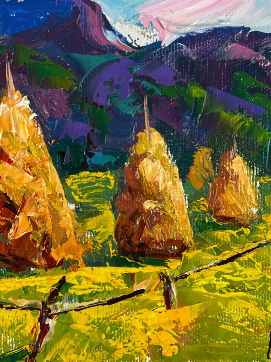 Image 1 of Original Oil Painting Nature Landscape Hills Mowed Hay in the Field