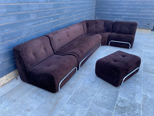 Sofá modular de salón sillón reposapiés estilo Bauhaus pana marrón y cromo vintage 1970