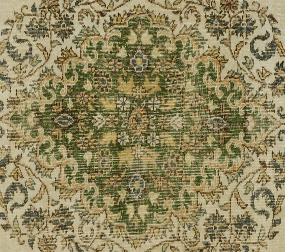 Vintage Turks tapijt 300x186 cm – Groot handgeknoopt wollen tapijt met zacht crèmekleurig en groen (photo 2 of 12)