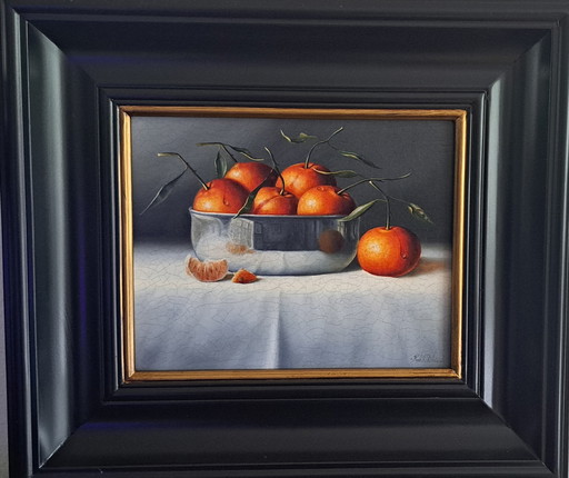still life with oranges in a silver bowl
