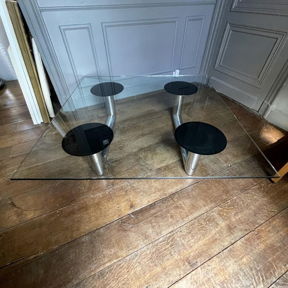 Grande table basse/de salon carrée italienne en acier tubulaire chromé, années 1970 – Livres d'art, Glass (photo 10 of 18)