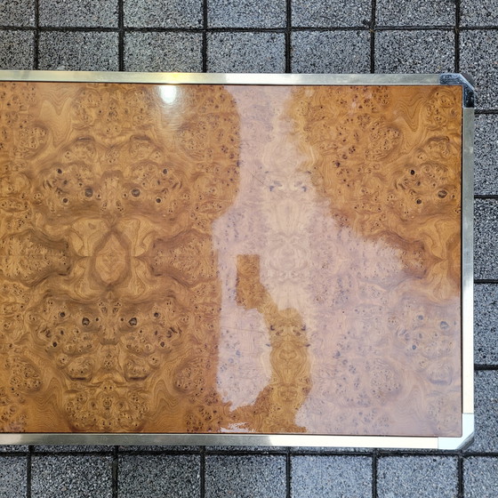 Image 1 of Table basse en bois de ronce et acier, style Guy Lefèvre, années 70 – France