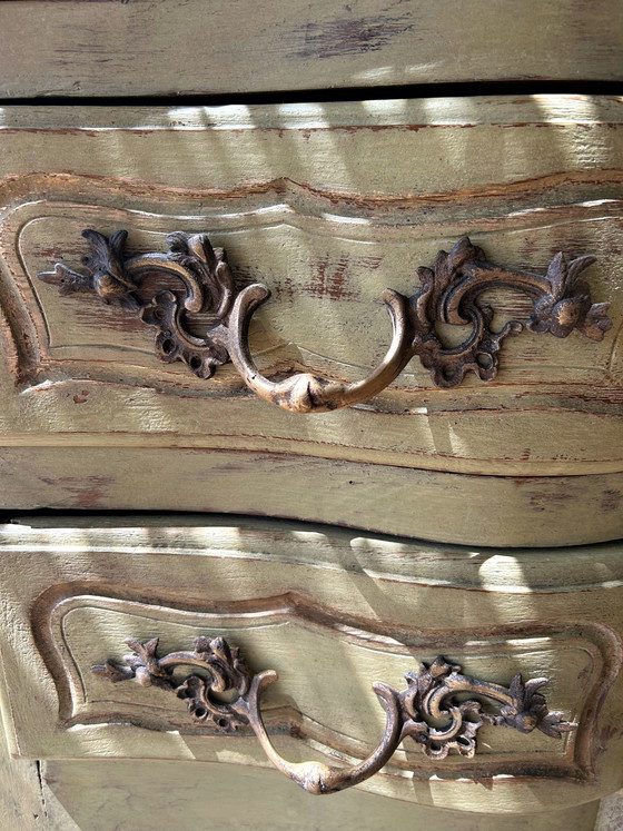 Image 1 of Antique curved chest of drawers with a pistachio green patina