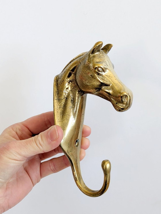 Image 1 of Set of 3 Vintage Brass Horse Head Wall Hooks Equestrian Heritage Accent