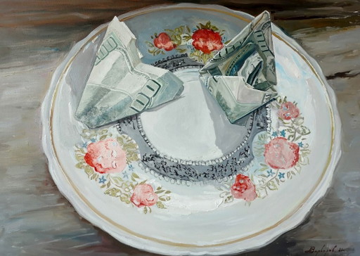 Original Oil Painting Contemporary Art Still Life Saucer – schilderijen tekeningen, Canvas