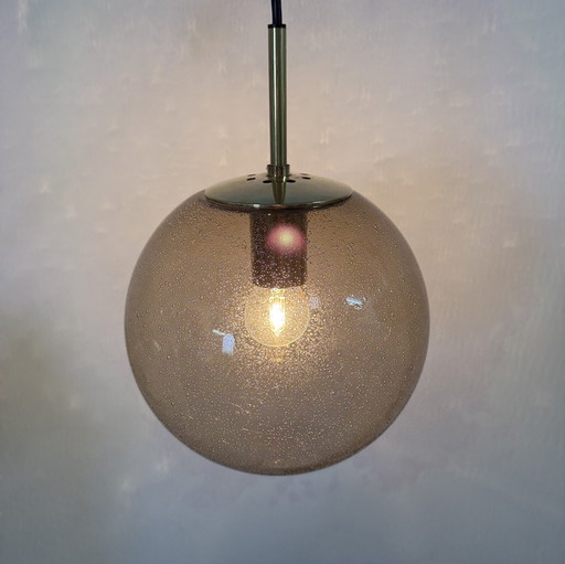 Limburg Glashütte Brass Smoked Glass Ball Pendant Hanging Lamp, 1970s